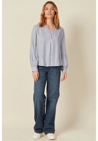 Blusa a maniche lunghe a righe blu e bianche con bottoni, abbinata a jeans a gamba larga blu e sneakers bianche.