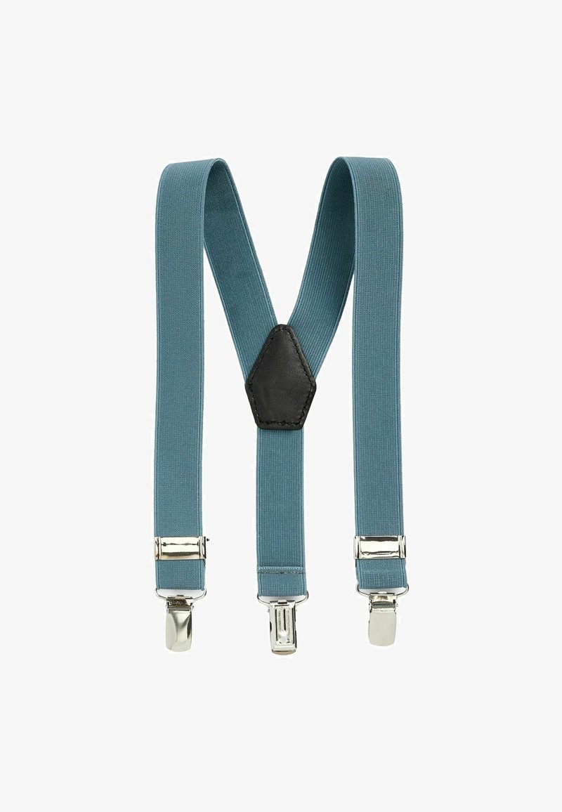 Bretelles élastiques bleu clair avec clips en métal argenté et un détail en cuir noir en Y. Texture lisse, design fonctionnel.