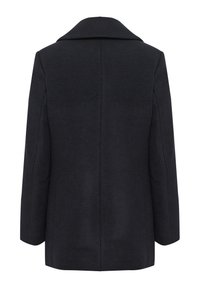 Tamsus vilnos mišinys paltas su plačia apykakle, ilgomis rankovėmis ir švariu nugaros dizainu. Textūra lygi, be matomų detalių ar raštų.