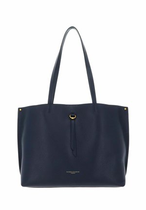 Sac fourre-tout en cuir bleu marine foncé avec une finition texturée, deux poignées épaule, un accent de quincaillerie dorée central et un logo en relief à l'avant.