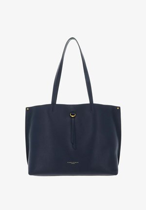 Sac fourre-tout en cuir bleu marine foncé avec une finition texturée, deux poignées épaule, un accent de quincaillerie dorée central et un logo en relief à l'avant.
