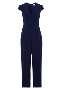 Combinaison bleu marine avec un col en V, des manches courtes type cape et une taille ajustée. Comprend un pantalon droit et une fermeture éclair dissimulée au dos.