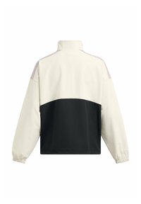 Color-blocked jacket featuring a high collar, elastic cuffs, and a mix of cream, black, and light purple materials. Smooth texture.