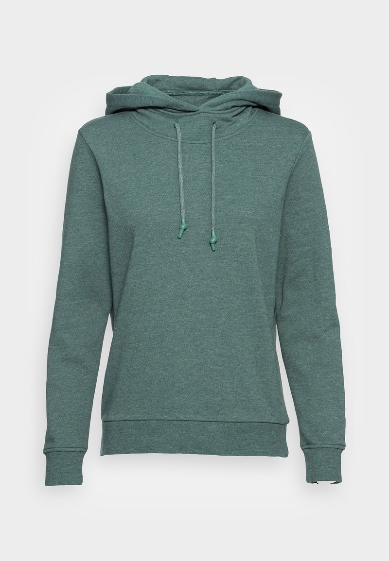 Sweat-shirt vert à capuche manches longues avec cordons de serrage réglables et bords côtes aux poignets et à l'ourlet, présenté sur un fond uni.