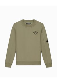 Olijfgroene longsleeve sweatshirt met ronde hals, zwart aap gezicht logo op de borst en een ritssluiting zak met label op de linker mouw.