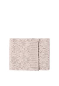 Coperta lavorata a maglia in beige chiaro con motivo a diamante e dettaglio a coste. Texture morbida, forma rettangolare, compatta e piegata.