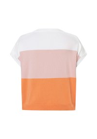 Kurzärmliges Strickoberteil mit horizontalen Streifen in Weiß, Hellrosa und Orange. Weiche Textur, entspannte Passform und runder Halsausschnitt.