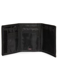 Black wallet with a textured exterior, featuring multiple card slots, transparent ID pocket, and Velcro closure. Interior has a smooth fabric finish.