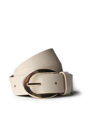 Beige leather belt rolled with a large gold oval buckle and two holes, positioned on a white background.