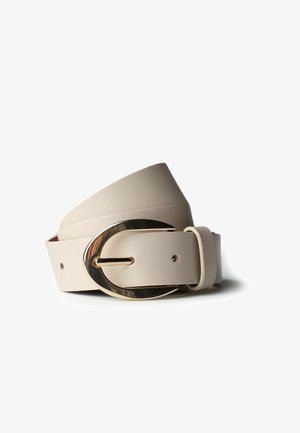 Beige leather belt rolled with a large gold oval buckle and two holes, positioned on a white background.