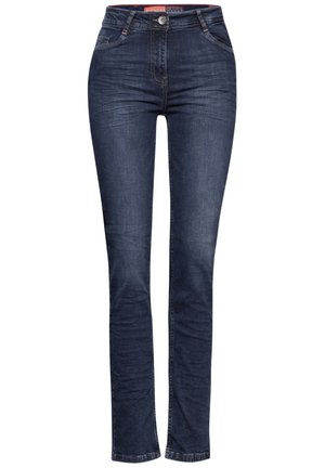 Dunkelblaue Skinny-Jeans aus Denim mit subtiler Textur, fünf Taschen, vorne mit Knopfverschluss und tonal abgesteppt. Keine sichtbaren Muster oder Akzente.