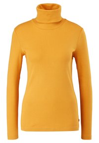 Haut à col roulé à manches longues de couleur jaune vif, fabriqué en mélange de coton doux, avec une coupe ajustée et une texture côtelée autour du col.