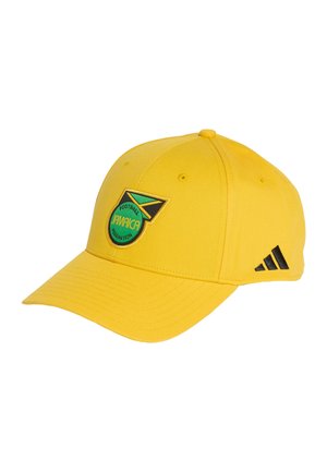 Casquette de baseball jaune avec le logo de la Fédération de football de Jamaïque sur le devant et le logo noir d'Adidas sur le côté.