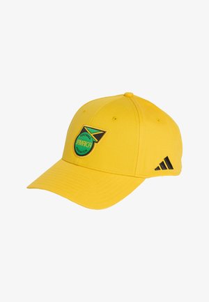 Cappellino da baseball giallo con logo della Jamaica Football Federation sul davanti e logo Adidas nero sul lato.