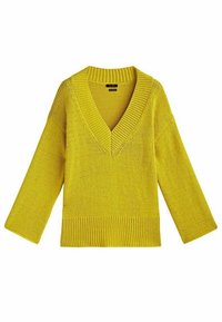 Pull en tricot jaune moutarde avec un col en V profond, des manches longues et des poignets et ourlets côtelés.
