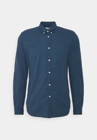 Camicia a maniche lunghe blu navy con bottoni, motivo geometrico sottile, tessuto morbido e collo tradizionale con bottoni bianchi.