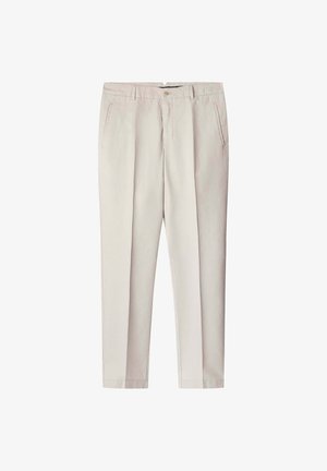 Pantalons en coton beige clair avec une coupe droite, devant plissé et poches latérales. Ils disposent d'une fermeture éclair et d'un bouton unique.