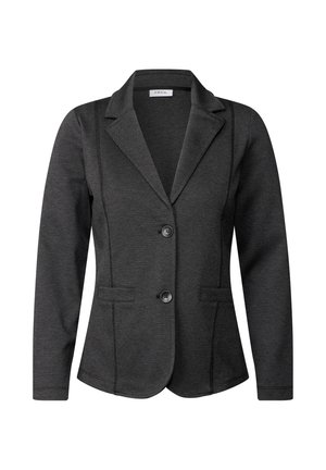 Blazer gris foncé en tissu doux et texturé. Il présente un col cranté, deux poches avant et une fermeture à un bouton.