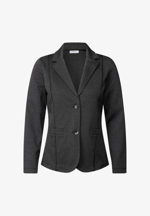 Blazer grigio scuro realizzato in un tessuto morbido e testurizzato. Presenta un colletto a revers, due tasche frontali e chiusura con un solo bottone.
