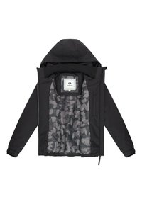 Czarna kurtka z kapturem, z otwartym przodem, odsłaniająca szare wzorzyste pikowane wykończenie oraz małą pionową kieszeń na zamek z prawej strony wewnętrznej.