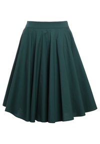 Knee-length, flare-mallinen tumma vihreä puuvillahame, jossa on istuva vyötärö ja poimutettu muotoilu, sileä pinta ja ilman kuvioita.