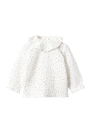 Weiße Babybluse mit langen Ärmeln, kleinem Blumenmuster, Rüschenkragen und elastischen Bündchen.