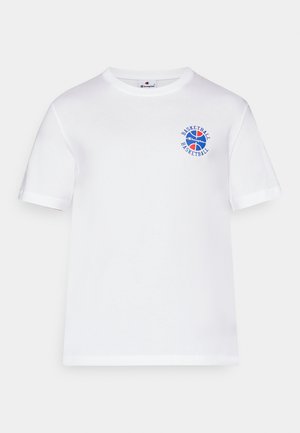 White cotton t-shirt with short sleeves, featuring a blue and red basketball graphic and text, crew neck design, and straight hem.