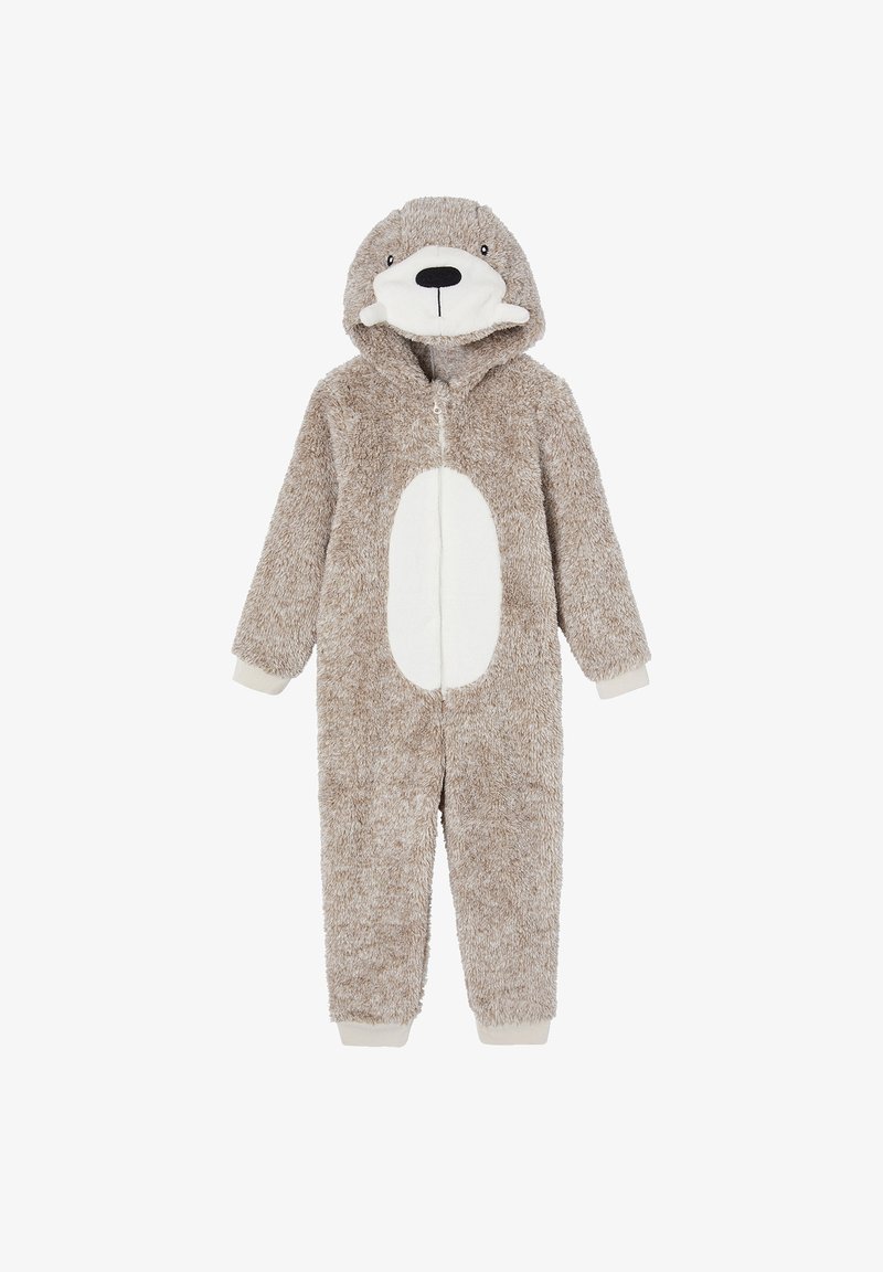 Combinaison pyjama pelucheuse gris et blanc avec capuche décorée d'un visage d'ours et fermeture éclair à l'avant, conçue pour les enfants.