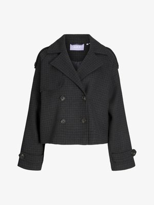 Cropped, double-breasted jacket in dark checkered fabric. Features prominent lapels, front flap pockets, and large black buttons on sleeves.