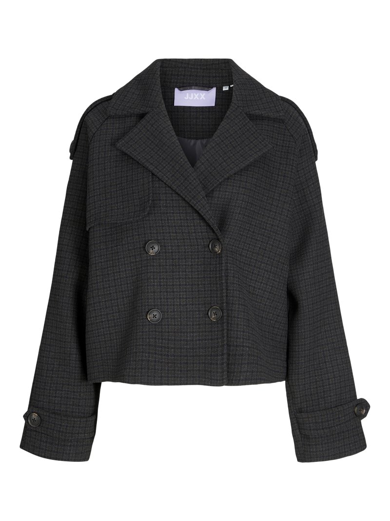 Chaqueta corta de doble pecho en tejido de cuadros oscuros. Presenta solapas prominentes, bolsillos frontales con solapa y grandes botones negros en las mangas.