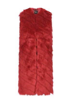 Rød faux fur vest med et langt åben frontdesign. Har en blød, fluffy tekstur og er ærmeløs, ideel til lag-på-lag styling.