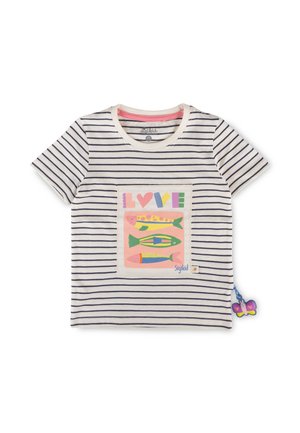 Maglietta a maniche corte bianca e blu navy a righe per bambino, con pesci colorati e la scritta "LOVE" in colori pastello sulla toppa frontale.