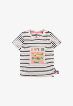 Maglietta a maniche corte bianca e blu navy a righe per bambino, con pesci colorati e la scritta "LOVE" in colori pastello sulla toppa frontale.