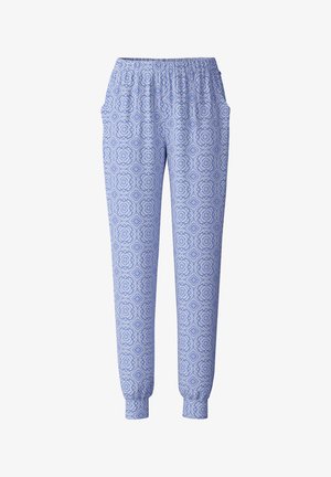 Blue patterned lightweight pants with an elastic waistband, pockets, and tapered cuffs. Features floral and geometric designs throughout.