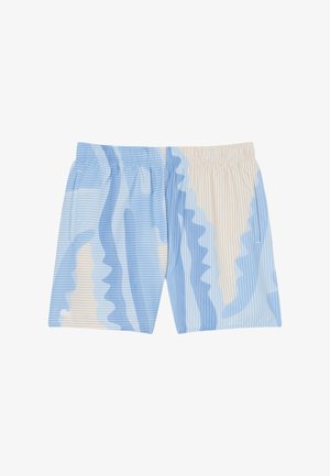 Shorts mi-longs bleu et beige à motifs abstraits avec taille élastique et poches latérales sur fond blanc.