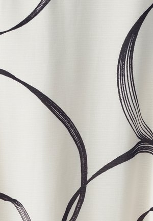 Texturiertes Gewebe mit einem hellen Creme-Hintergrund, das kräftige, schwarze abstrakte Wirbel und Linien aufweist und einen dynamischen visuellen Kontrast bietet.