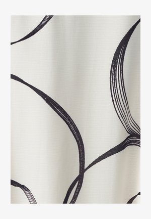 Texturiertes Gewebe mit einem hellen Creme-Hintergrund, das kräftige, schwarze abstrakte Wirbel und Linien aufweist und einen dynamischen visuellen Kontrast bietet.