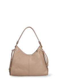 Beige leren handtas met een slouchy vorm, een gebogen bovenkant en een verstelbare schouderband. Kenmerken zijn goudkleurige hardware en zijtassels.