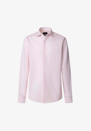 Jasnoróżowa koszula z długim rękawem, wykonana z materiału o gładkiej fakturze, z klasycznym kołnierzykiem i żółtymi guzikami wzdłuż listwy.