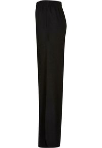 Pantalon noir à jambes droites avec ceinture élastique et poches latérales, présenté de profil sur fond blanc.