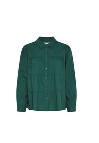 Green collared shirt with button front, featuring pleated tiers and long sleeves. Made of lightweight fabric with a smooth texture.