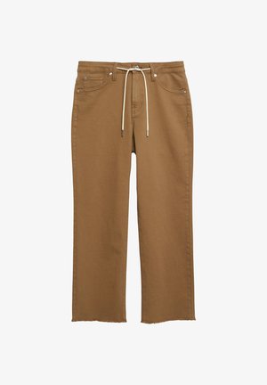 Pantaloni marroni a gamba dritta con orli sfrangiati e coulisse bianca in vita, con tasche davanti e dietro e passanti per cintura.