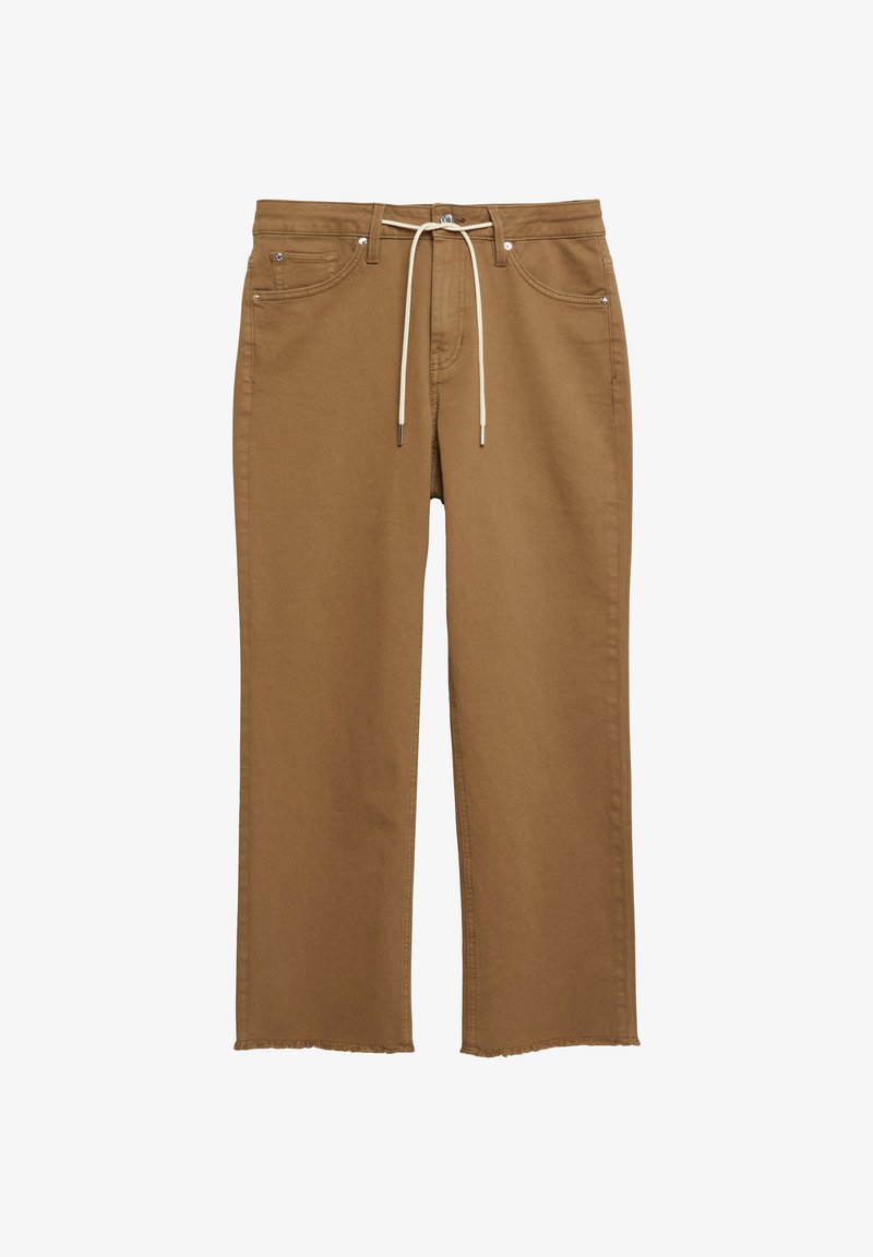 Pantalon droit marron avec ourlets effilochés et cordon blanc à la taille, comprenant des poches avant et arrière ainsi que des passants pour ceinture.
