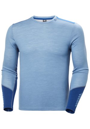 Long-sleeve athletic shirt in light blue with textured fabric. Features darker blue accents on sleeves and shoulder. Mesh details included.