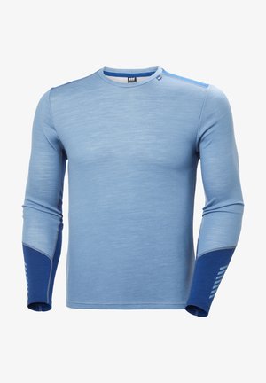 Long-sleeve athletic shirt in light blue with textured fabric. Features darker blue accents on sleeves and shoulder. Mesh details included.