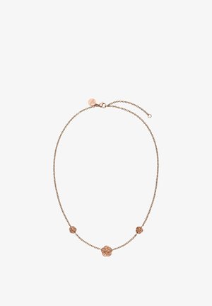 Zarte Halskette aus Roségold mit drei kleinen rosenförmigen Anhängern, die gleichmäßig entlang der Kette verteilt sind, und einem Karabinerverschluss.
