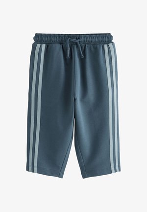 Kinderblaue knielange Shorts mit elastischem Bund, Kordelzug und zwei hellblauen Streifen an jeder Seite.