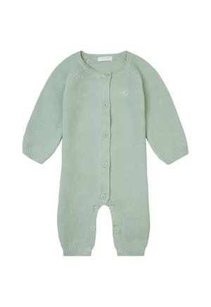 Soft knitted mint green baby romper with long sleeves, front buttons, and snap closures at legs for easy diaper changes.