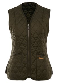Steppweste in Dunkelgrün mit Reißverschluss vorne, zwei Fronttaschen und orangefarbenem Logo. Ärmelloses Design mit modernem Schnitt.
