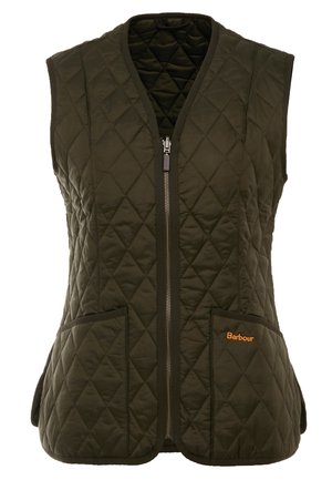 Quilted vest in dark green, featuring a zip front, two front pockets, and orange logo detail. Sleeveless design with a modern cut.
